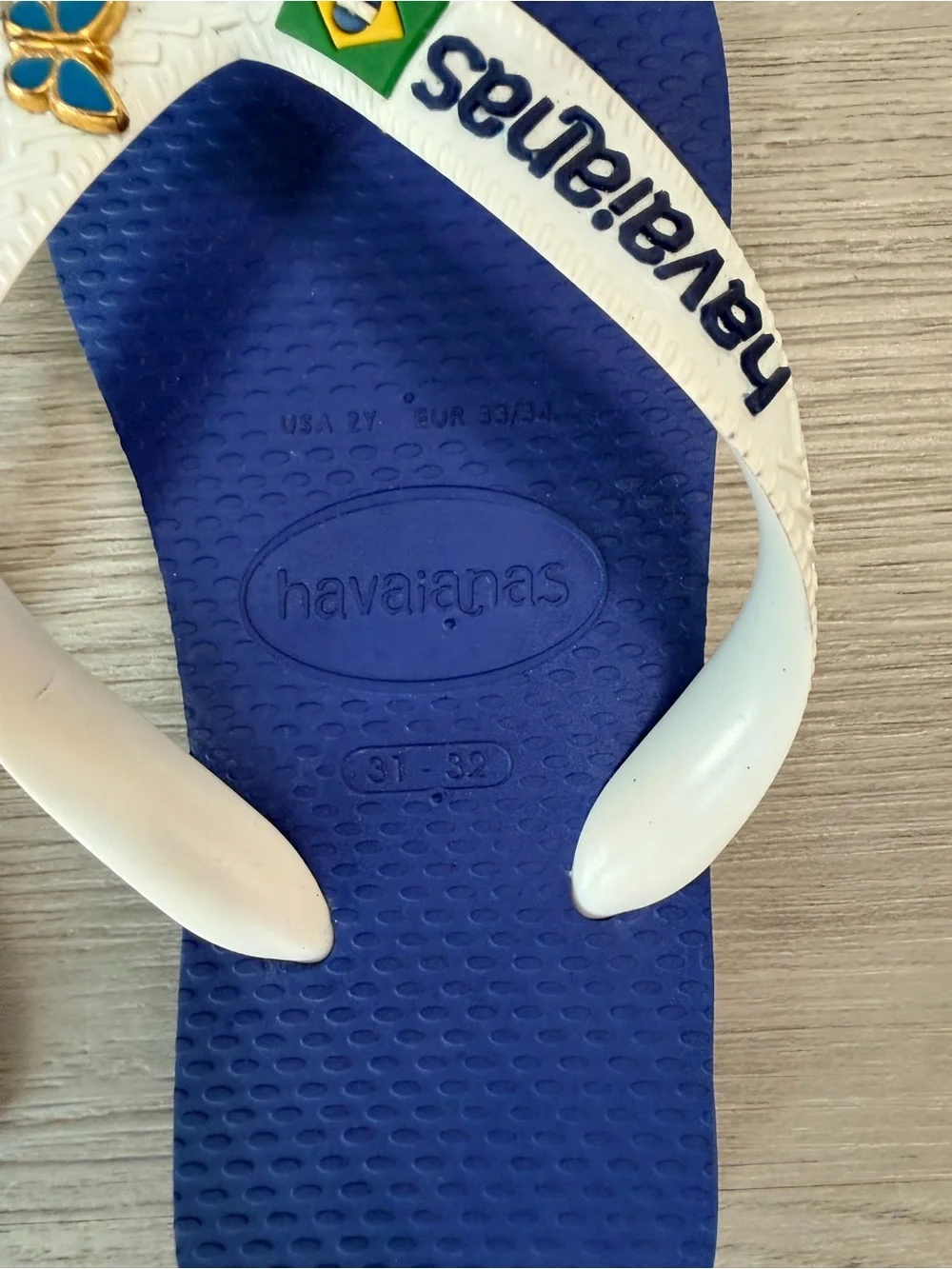 Havaianas Kids Brazil Flip Flops Marine Blue White Size 2Y With Butterfly Charms